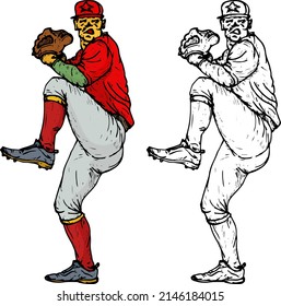 Baseball pitcher winding up to throw the ball, isolated against white. Hand drawn vector illustration.