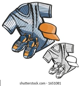 Baseball pitchers equipment including shirt, boots and a hat. Vector illustration