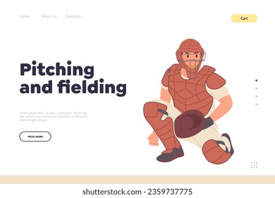 Baseball pitching and fielding concept for landing page template with sportsman playing game design