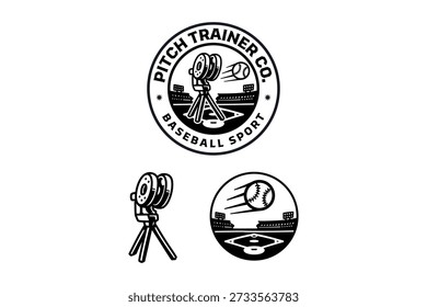 Baseball pitching machine with stadium retro badge logo design set for coaching program. Baseball launcher with sport arena vintage patch symbol graphic pack for training facility