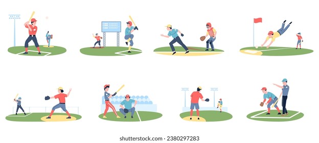 Baseball play scenes. Catcher and pitcher in american sport, young athletes hitting and catching balls. Cartoon sporting competition recent vector clipart
