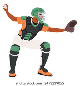 Jugador De Béisbol En Acción, Vestido Con Equipo Protector Completo, Preparándose Para Atrapar Una Pelota. Catcher Está Equipado Con Un Casco, Protector De Pecho Y Protectores De Piernas, Mostrando Preparación Y Atletismo En El Deporte