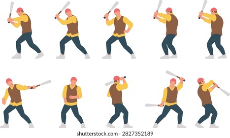 Baseball player action poses, athlete batting sport illustration set, professional hitter swinging bat during competitive game performance
