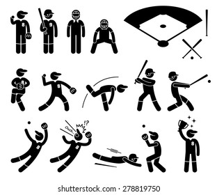 Baseball Player Actions Poses Stick Figure Pictogram Icons