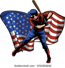 Baseball player with american flag vector illustration