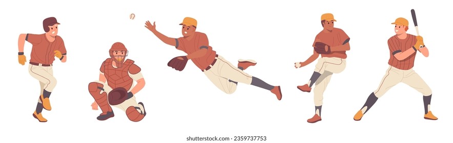 Baseball player of american sports game set male character in uniform in various playing positions