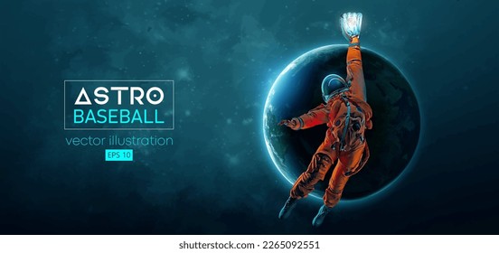 Astronauta del beisbolista en acción espacial y Tierra, planetas de la luna en el fondo del espacio. Ilustración del vector