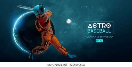 Baseball player astronaut in space action and Earth, Moon planets on the background of the space. Vector illustration