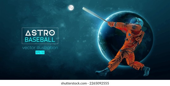 Baseball player astronaut in space action and Earth, Moon planets on the background of the space. Vector illustration