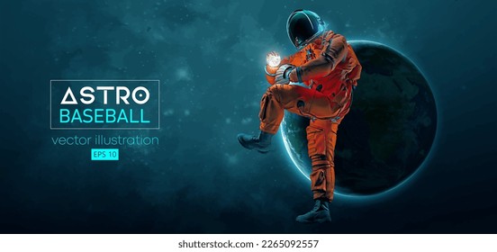 Baseball player astronaut in space action and Earth, Moon planets on the background of the space. Vector illustration