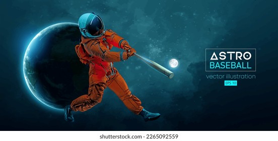 Baseball player astronaut in space action and Earth, Moon planets on the background of the space. Vector illustration