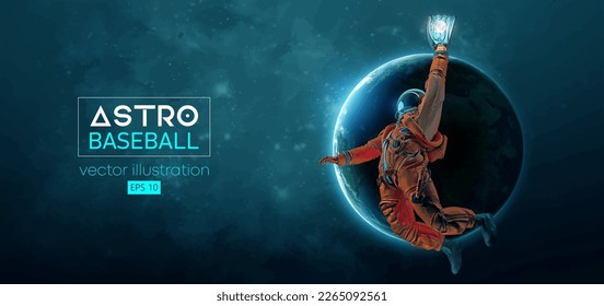 Baseball player astronaut in space action and Earth, Moon planets on the background of the space. Vector illustration