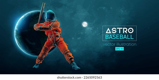 Baseball player astronaut in space action and Earth, Moon planets on the background of the space. Vector illustration