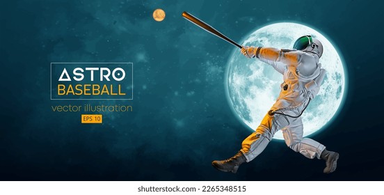 Baseball player astronaut in space action and Moon, Mars planets on the background of the space. Vector illustration