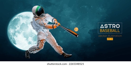 Baseball player astronaut in space action and Moon, Mars planets on the background of the space. Vector illustration