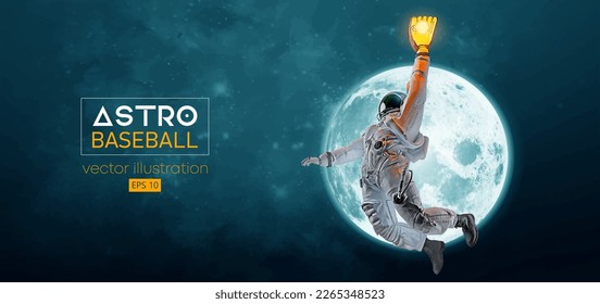 Baseball player astronaut in space action and Moon, Mars planets on the background of the space. Vector illustration