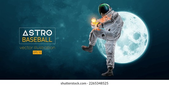 Baseball player astronaut in space action and Moon, Mars planets on the background of the space. Vector illustration