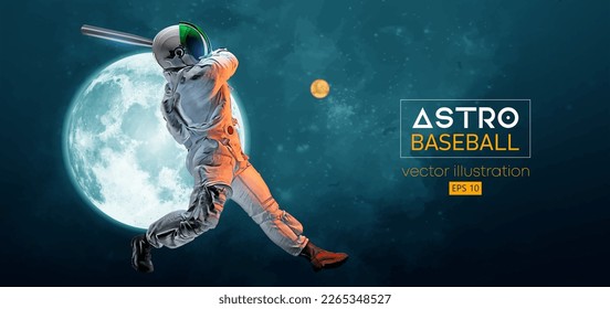 Baseball player astronaut in space action and Moon, Mars planets on the background of the space. Vector illustration