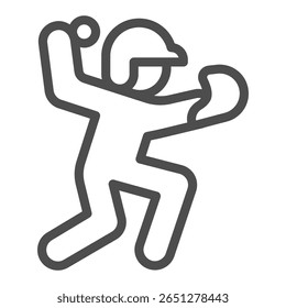 Jogador de beisebol com bola e luva ícone de linha, conceito de jogo de beisebol. Gráficos vetoriais. Esportista, sinal de esporte no fundo branco, ícone de estilo de contorno para design móvel ou web