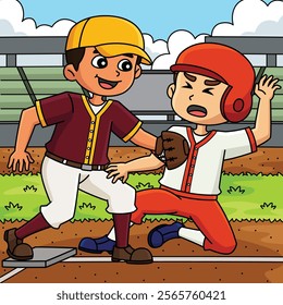 Baseball Player Base Tagging Colored Cartoon 