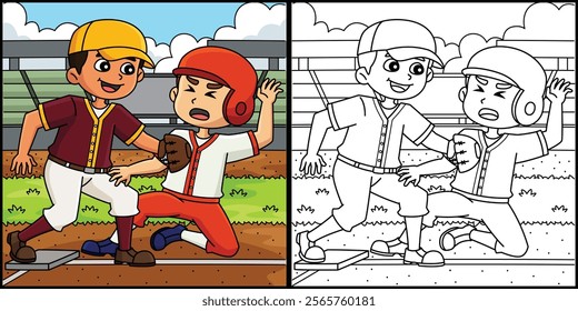 Baseball Player Base Tagging Coloring Illustration