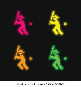 Baseball-Player mit Baseball-Ball und Cap vier Farben leuchtendes Neon-Vektorsymbol