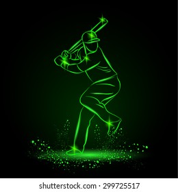 Baseball player with a bat. Green Neon Baseball Sports Vector Illustration on a black background.