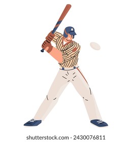 A baseball player with a bat hits the ball. National American sport. Team game. Summer sports. Vector illustration isolated on transparent background.