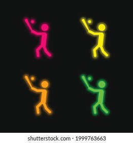 Jugador de béisbol con bate golpeando la bola cuatro colores brillante icono vector neón