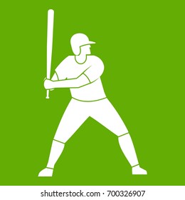 Baseball player with bat icon white isolated on green background. Vector illustration