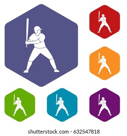 Baseball player with bat icons set hexagon isolated vector illustration