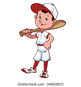 Baseball player with a bat on his shoulder. Cartoon character on white background.