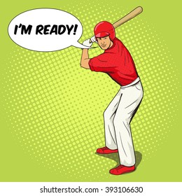 Baseball player with bat pop art style vector illustration. Human illustration. Comic book style imitation. Vintage retro style. Conceptual illustration