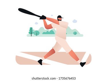 A baseball player with a bat prepares to attack. Sports game with ball and bat. Vector illustration of team sports