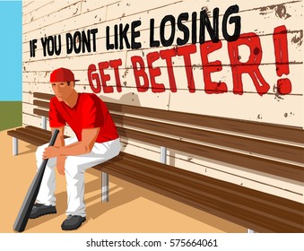 baseball player with bat sitting on wood bench in front of motivational slogan - if you don't like losing get better