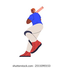 Jogador de beisebol com taco jogando bola, ilustração de vetor de desenhos animados planos. Arremessador isolado usando uniforme, personagem masculino esportivo no jogo de campo. Esportista rebatedor no capacete