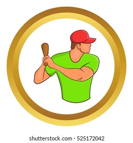 Baseball player with bat vector icon in golden circle, cartoon style isolated on white background