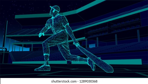 baseball player (batter) after hitting a ball in a stadium