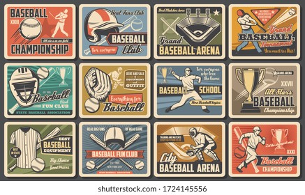 Baseball Player And Batter With Bat, Ball At Arena. Baseball And Softball Sport Tournament And Equipment. Vintage Retro Sport Posters, Fan Club And Championship, Cup Match