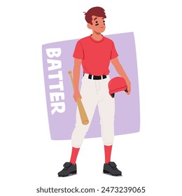 Baseball Player Batter Character Dressed In Red And White Uniform, Holding A Bat And Helmet Isolated On White Background. Cartoon Vector Illustration Emphasizes Sports, Teamwork, And Athleticism