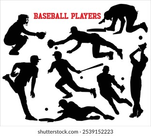 El jugador de béisbol golpea la pelota. Vector de deportistas. Conjunto de siluetas de jugador de béisbol, atleta masculino. Diferente pose de lanzador, receptor, base, campocorto, jardinero, gesto.