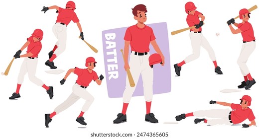 Baseball Player Batter In Various Action Poses. Player Character Is Shown Batting, Running, And Sliding On The Field, Encapsulating The Dynamic Moments Of A Baseball Game. Cartoon Vector Illustration