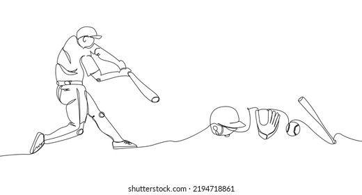 Baseball player batter wiht with glove, ball, helmet, bat set one line art. Continuous line drawing sport, team game, baseball glove, hit ball, batter, pitcher, catcher, baseball uniform, man, hobby