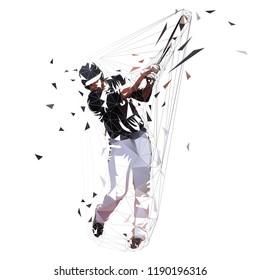 Baseball player in black jersey swinging with bat, isolated low polygonal vector illustration. Front view