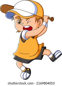 The baseball player boy is hitting the ball very hard of illustration