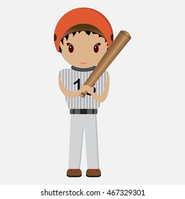Baseball player boy. Man in uniform and with a bat. Red helmet. Cartoon character. Sportsman. On white background.