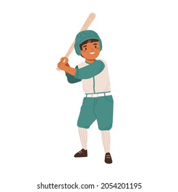 Baseball Player, Boy Playing Sports Game. Hitter In Helmet Standing With Bat. Happy Child Athlete Training. Active Smiling Kid In Sportswear. Flat Vector Illustration Isolated On White Background