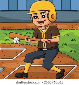 Baseball Player Bunt Colored Cartoon Illustration