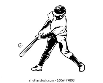 Baseball player. Baseball cap. Hitter swinging with bat. Abstract isolated vector silhouette. Iink drawing