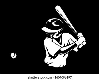 Baseball player. Baseball cap. Hitter swinging with bat. Abstract isolated vector silhouette. Iink drawing